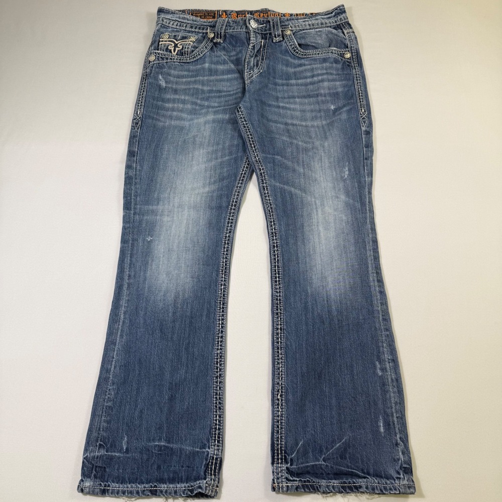 Rock Revival Rogan Bootcut Jeans Mens 34x32 Blue Wash Thick Stitch Distressed